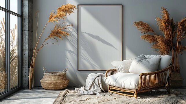 Mockup frame close up in coastal style home interior background