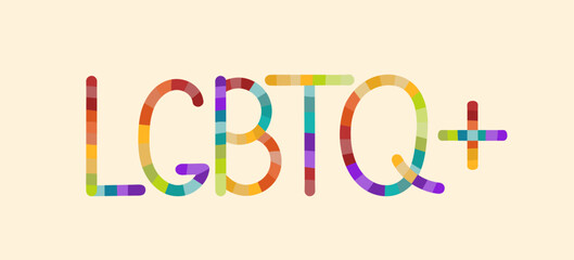 An artistic vivid lettering spelling LGBTQ using a colorful, interlocking design with varied shapes and shades set on beige background, representing the diverse LGBTQ community.