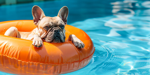 Happy French Bulldog lying on an orange inflatable ring in the pool, banner with space for text