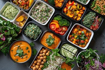 A beautifully arranged plant-based meal delivery box opened to reveal an assortment of colorful,...