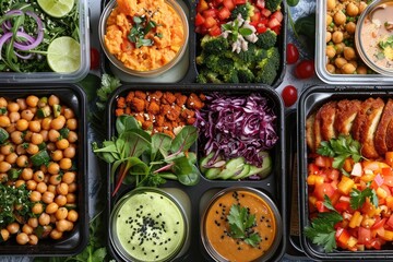 A beautifully arranged plant-based meal delivery box opened to reveal an assortment of colorful,...