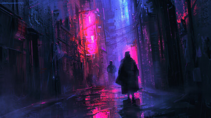 A painting of a city street with neon lights