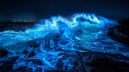 The ocean is lit up with blue lights, creating a serene and calming atmosphere