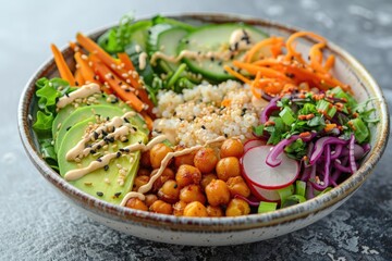 A beautifully composed bowl of vegan Buddha bowl with quinoa, roasted chickpeas, mixed greens, sliced avocado, and colorful vegetables, garnished with sesame seeds and served with a tahini dressing on