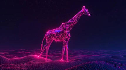 A Hot Magenta glow Giraffe silhouette in a nightscape, bold outline, energycharged luminous pointillism, wireframe, tenebrism mastery style, UHD 8k, Unreal Engine 5