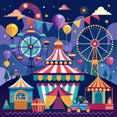 Vivid carnival and fair scenes with festive lights for event and entertainment content.