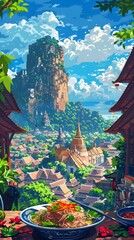 Obraz premium Vibrant Pad Thai in Pixel Art Style with Ancient Ayutthaya Temples in Background