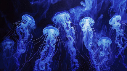 A group of blue jellyfish are floating in the water