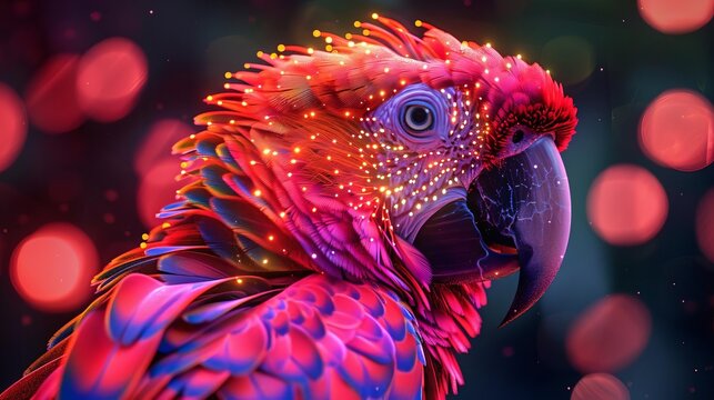 A Neon Coral glow Hyacinth Macaw silhouette in a nightscape, bold outline, energycharged luminous pointillism, wireframe, tenebrism mastery style, UHD 8k, Unreal Engine 5