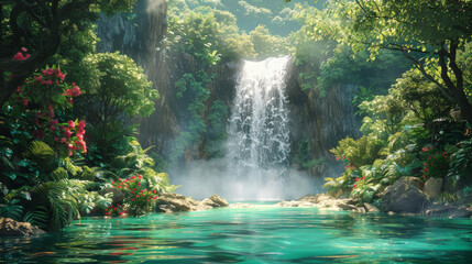 A beautiful waterfall surrounded by lush green trees and flowers