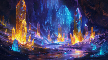 A colorful, fantastical world with many large, glowing crystals