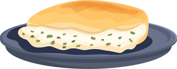 Cartoon illustration of a delicious cheese omelette with herbs on a dark blue plate