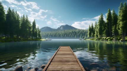 A tranquil lake nestled among towering pine trees, with a wooden pier stretching out into the shimmering waters.