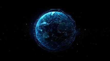 Digital Earth Network with Data Transfer in Blue on Black Background