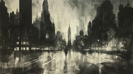 A painting of a city street with two people walking in the rain
