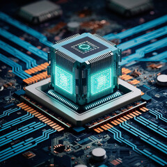 Futuristic central processor unit. Powerful Quantum CPU on PCB motherboard with data transfers