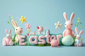 Festive Easter animals and bunnies surrounding the word Easter on a blue background