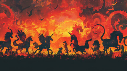 A group of fantasy creatures are walking through a fiery landscape