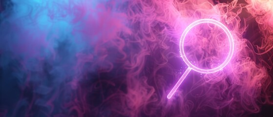 Obraz premium Neon magnifying glass on a vibrant smoky background. Abstract digital art for technology, science, or research themes.