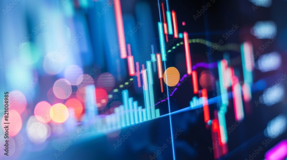 Leinwandbilder A close-up of a computer screen displaying a colorful stock chart with candlestick patterns and indicators.