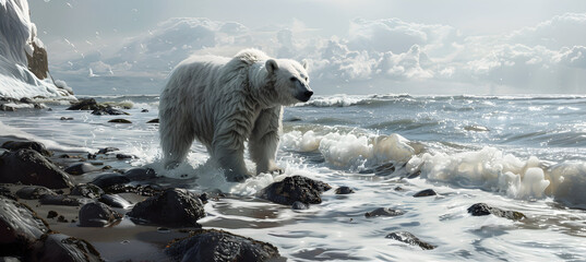Polar bear, ice bear on an arctic shore, surrounded by melting icebergs, floes and arctic glaciers. Symbol of climate change, global warming. 
