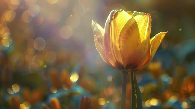 close up bokeh efect fresh golden tulip bud with splash dew in morning golden hours image video HD 4K a background for bio diversity day or tulip time