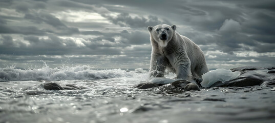 Polar bear, ice bear on an arctic shore, surrounded by melting icebergs, floes and arctic glaciers. Symbol of climate change, global warming. 
