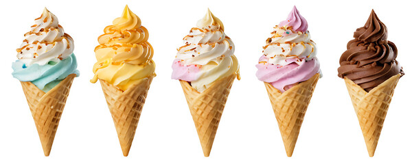 Five colorful soft-serve ice cream cones in waffle cones, featuring flavors like bubblegum, mango, cotton candy, strawberry, and chocolate