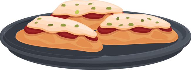Delicious bruschettas with tomato, cheese, and basil on a plate vector illustration of italian cuisine appetizer. Bitesized toasted bread with garlic, olive oil, and fresh ingredients