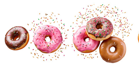 hree pairs of assorted donuts are flying through the air against a white background. The first pair has a chocolate glazed donut and a pink glazed donut. The second pair is both pink glazed. The third