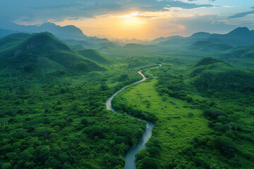 Aerial shot of a lush green valley at dusk
