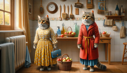 Two Cats Dressed in Human Clothes in a Kitchen, Created with Generative AI Technology