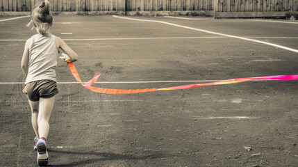 A young girl dressed in a track uniform races towards the finish line, a single, brightly colored ribbon breaking through the tape This image represents the determination to push o