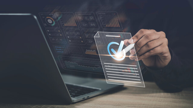 Analysis result for business developer with social network diagram and man working in the background. Ai Software development lean data invest finance trade monitor, strategy development concept.