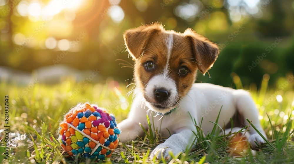 Poster adorable puppy with floppy ears playing with a colorful ball in a sunny park.