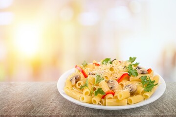 Delicious plate of tasty italian pasta noodles dish