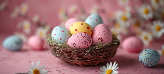 Obraz premium Colorful Easter Eggs in a Basket with Daisies on a Pink Background Easter Holiday Decoration Concept