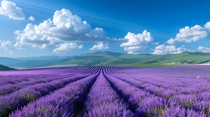 A panoramic view of lavender fields in full bloom, with rows upon rows stretching to the horizon under a bright blue sky.
