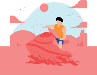 The boy is riding a jet ski.