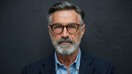 Bespectacled mature man with a salt and pepper beard exudes sophistication.