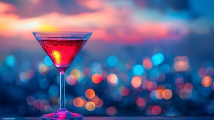 A red cocktail in an elegant martini glass, set against the backdrop of city lights at night.
