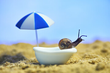 snail in the bath on the beach. rest by the sea. conceptual macro photo on the theme of vacation