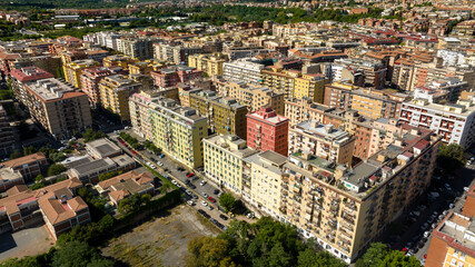 Aerial view of the residential houses and buildings of the Marconi district in Rome, Italy.