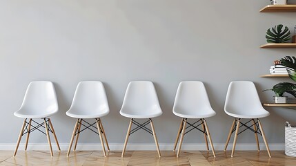 Obraz premium A row of white chairs in front of an empty wall with shelves and office supplies on the right side, creating space for text or images. 