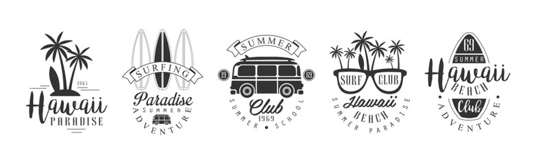Hawaiian Beach Summer Adventure Logo Monochrome Design Vector Set