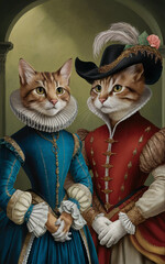 Two anthropomorphized cats dressed in ornate Renaissance-era clothing