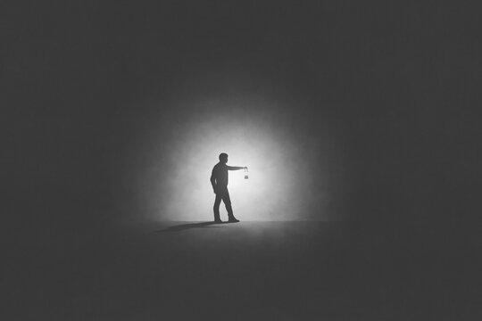 Illustration of man with lamp walking illuminating his path, surreal abstract concept