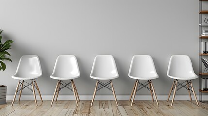 A row of white chairs in front of an empty wall with shelves and office supplies on the right side, creating space for text or images.
