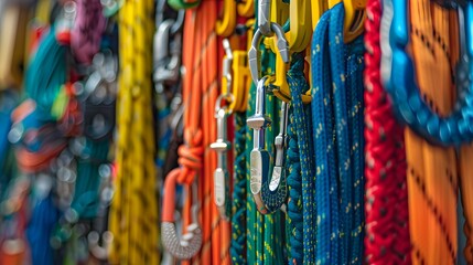 A wall of colorful climbing accessories, such as carabiners and ropes, hangs in the background.
