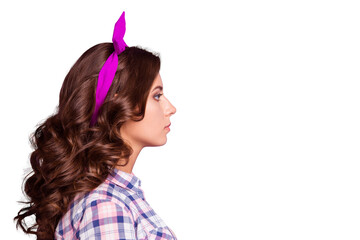 Profile side view portrait of nice cheerful cheery sweet lovely winsome girlish attractive adorable wavy-haired lady copy space isolated over violet pastel background